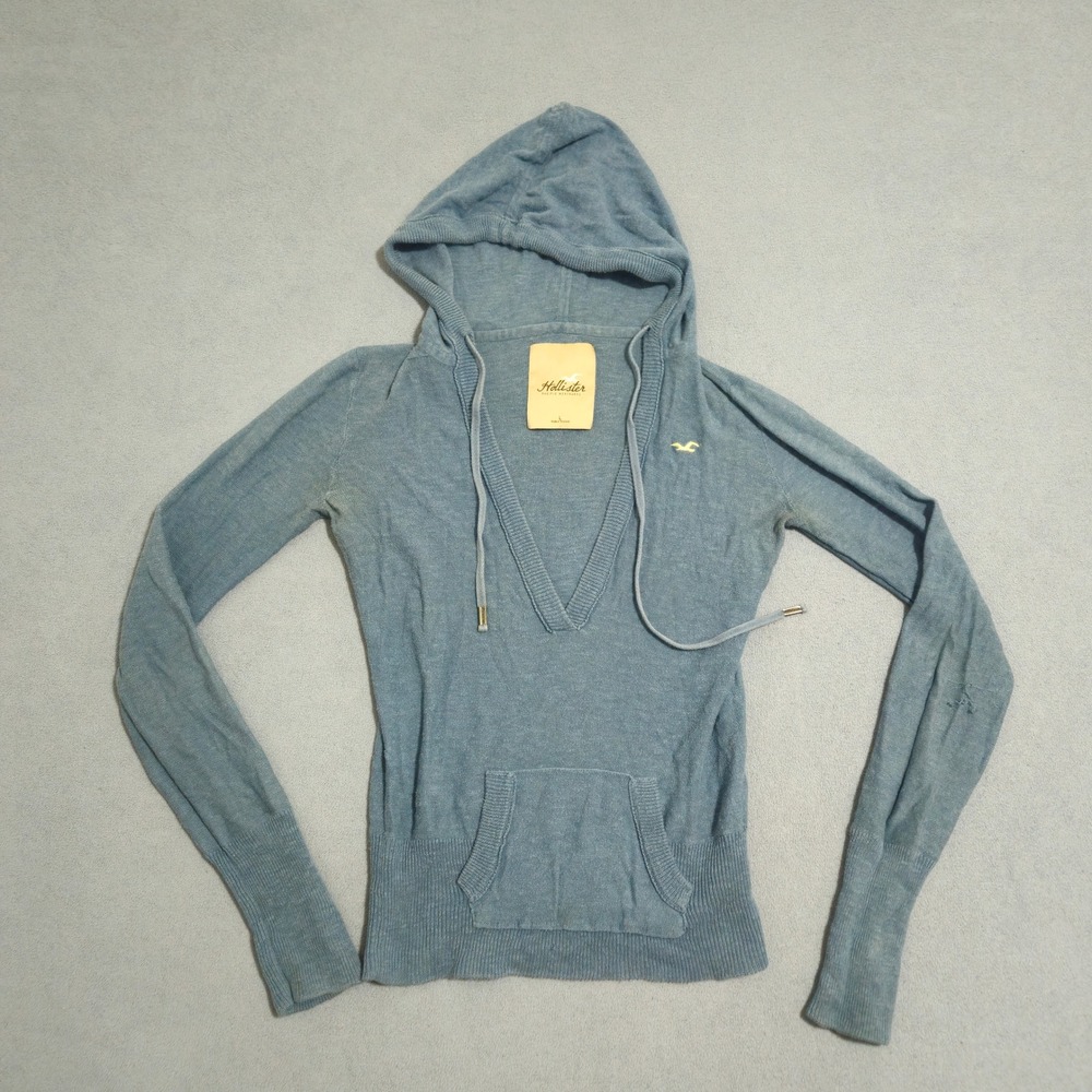 Y2K vintage Hollister Blue Knit V Neck Hoodie Pullover Sweater Womens Size L